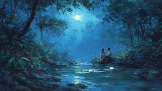 Couple in deep conversation under moonlight by the river